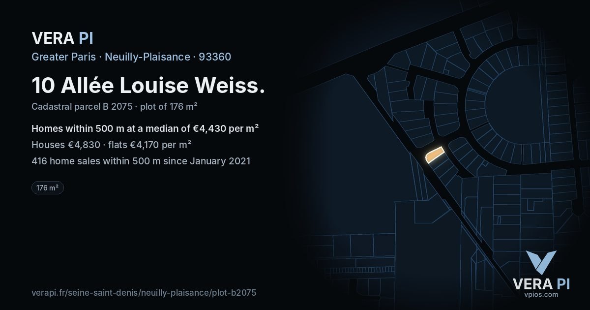 10 Allée Louise Weiss, Neuilly-Plaisance at night – the plot lit, the parcels around coloured by the prices near them
