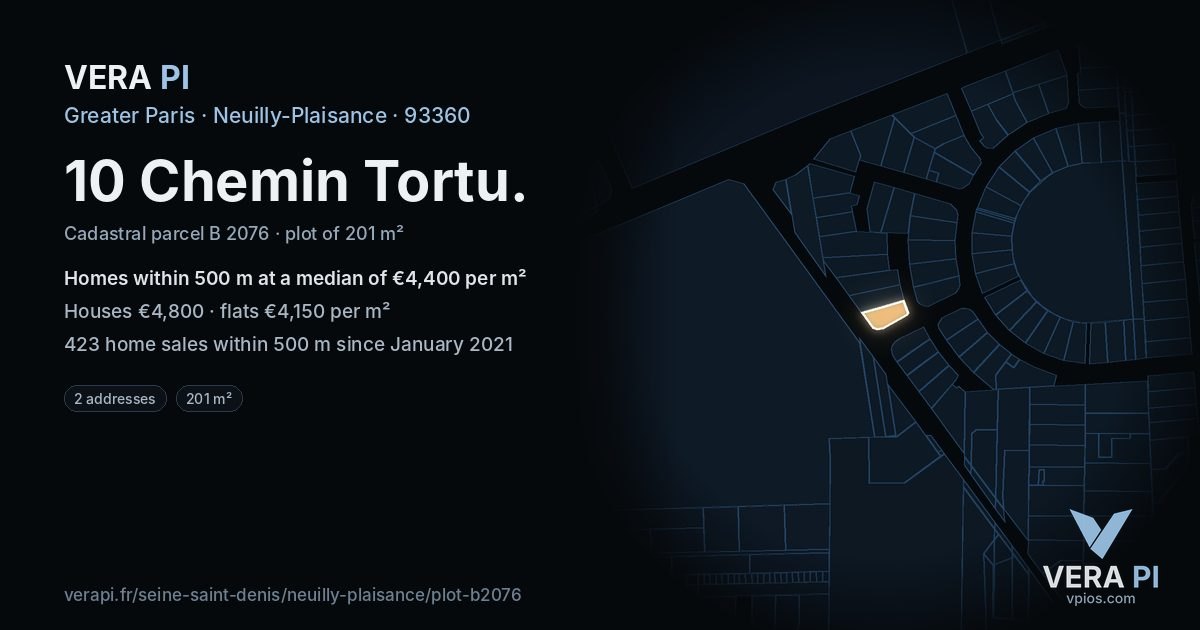 10 Chemin Tortu, Neuilly-Plaisance at night – the plot lit, the parcels around coloured by the prices near them