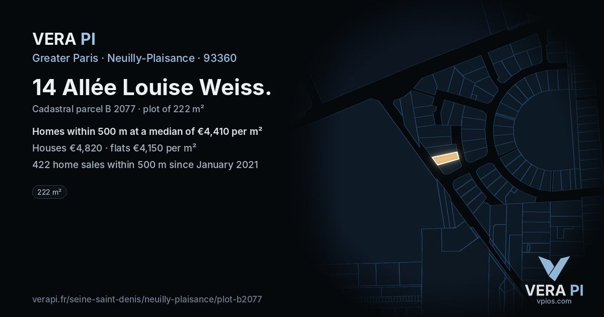 14 Allée Louise Weiss, Neuilly-Plaisance at night – the plot lit, the parcels around coloured by the prices near them