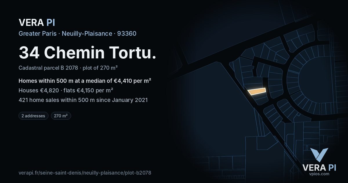 34 Chemin Tortu, Neuilly-Plaisance at night – the plot lit, the parcels around coloured by the prices near them