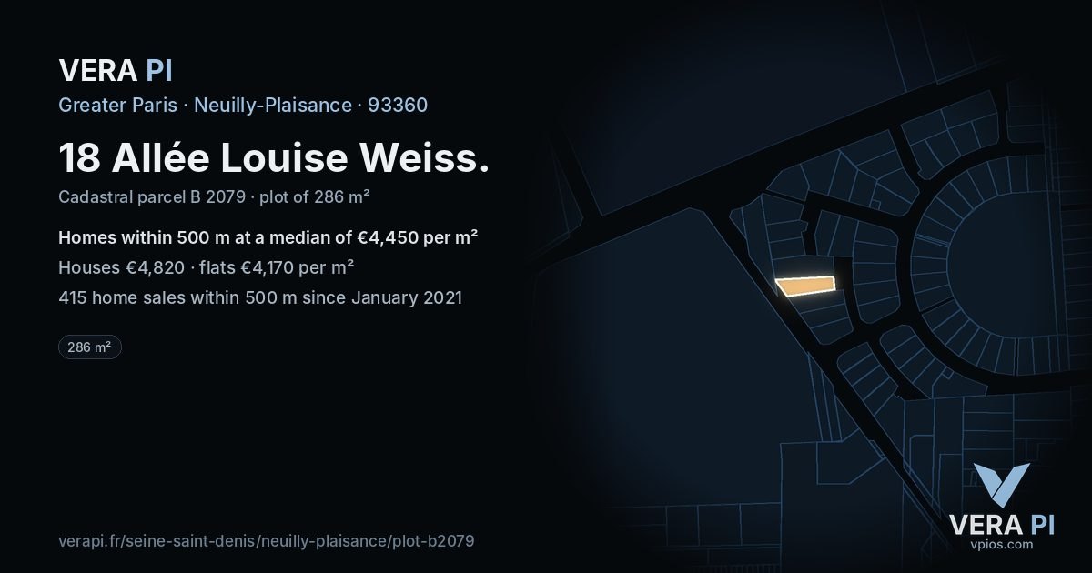 18 Allée Louise Weiss, Neuilly-Plaisance at night – the plot lit, the parcels around coloured by the prices near them