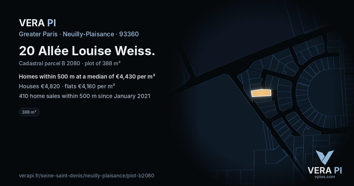 20 Allée Louise Weiss, Neuilly-Plaisance at night – the plot lit, the parcels around coloured by the prices near them