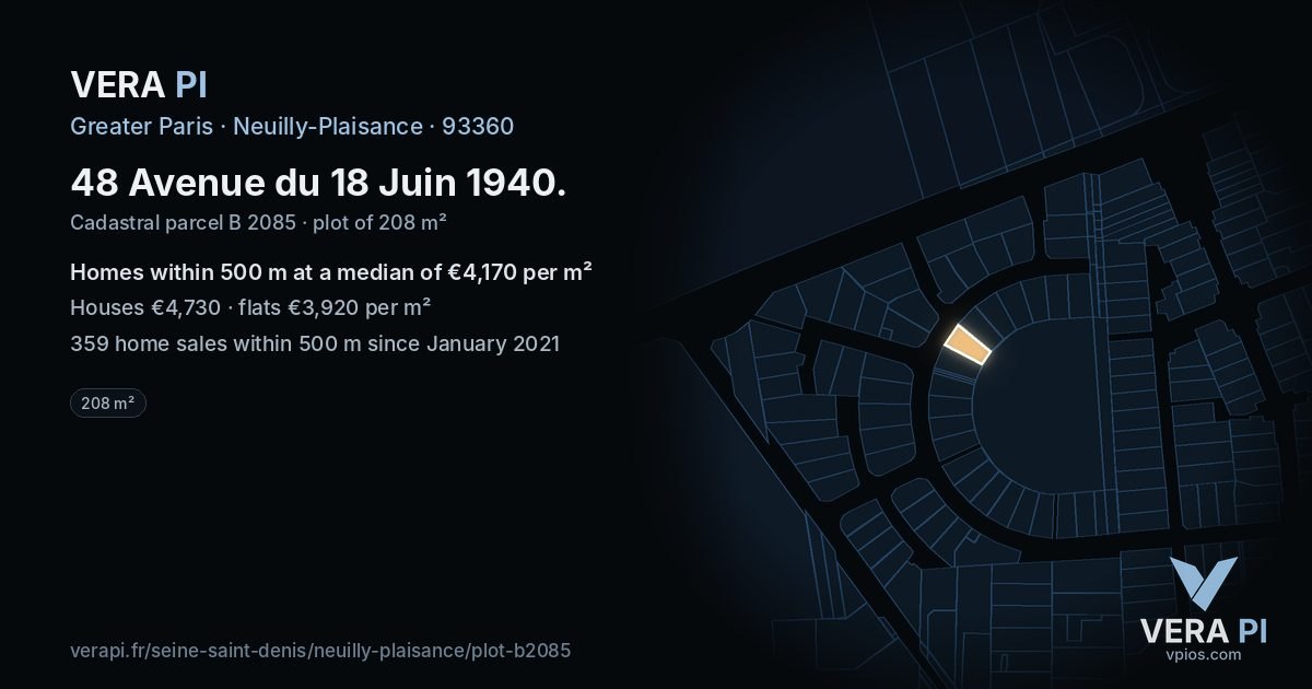 48 Avenue du 18 Juin 1940, Neuilly-Plaisance at night – the plot lit, the parcels around coloured by the prices near them