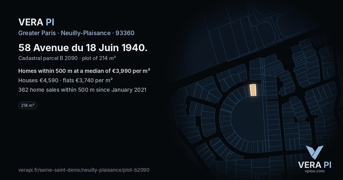 58 Avenue du 18 Juin 1940, Neuilly-Plaisance at night – the plot lit, the parcels around coloured by the prices near them