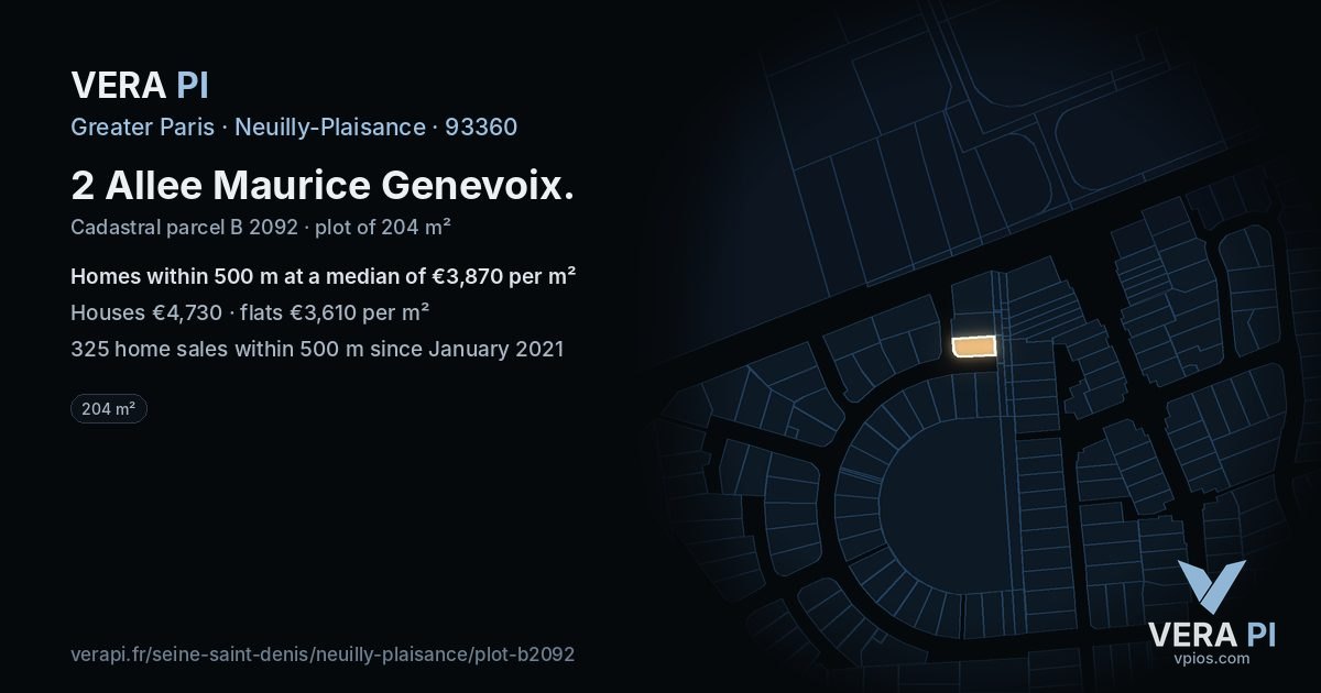 2 Allee Maurice Genevoix, Neuilly-Plaisance at night – the plot lit, the parcels around coloured by the prices near them