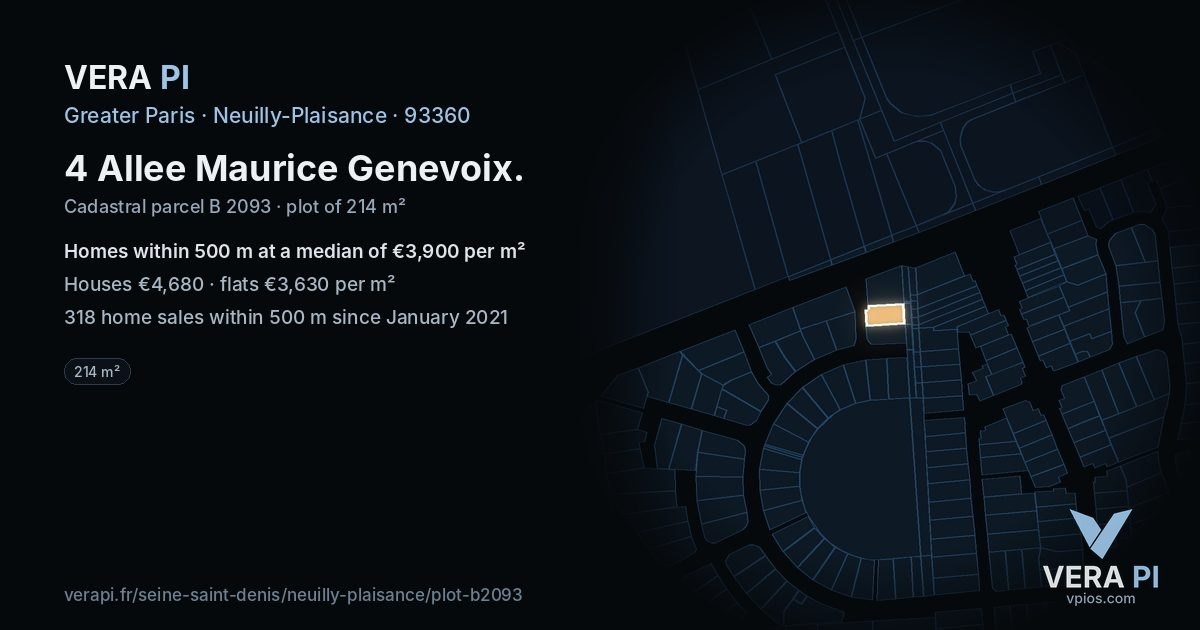 4 Allee Maurice Genevoix, Neuilly-Plaisance at night – the plot lit, the parcels around coloured by the prices near them