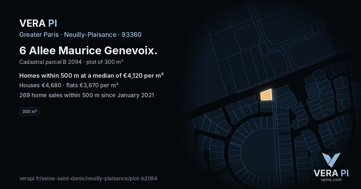 6 Allee Maurice Genevoix, Neuilly-Plaisance at night – the plot lit, the parcels around coloured by the prices near them