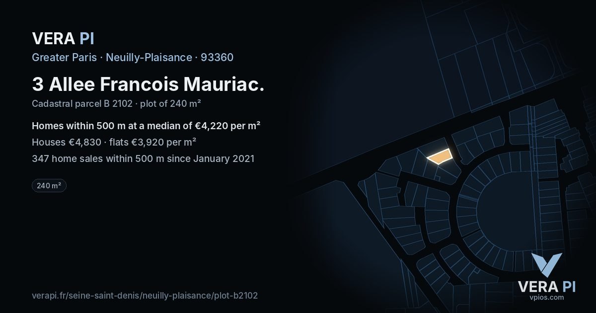 3 Allee Francois Mauriac, Neuilly-Plaisance at night – the plot lit, the parcels around coloured by the prices near them