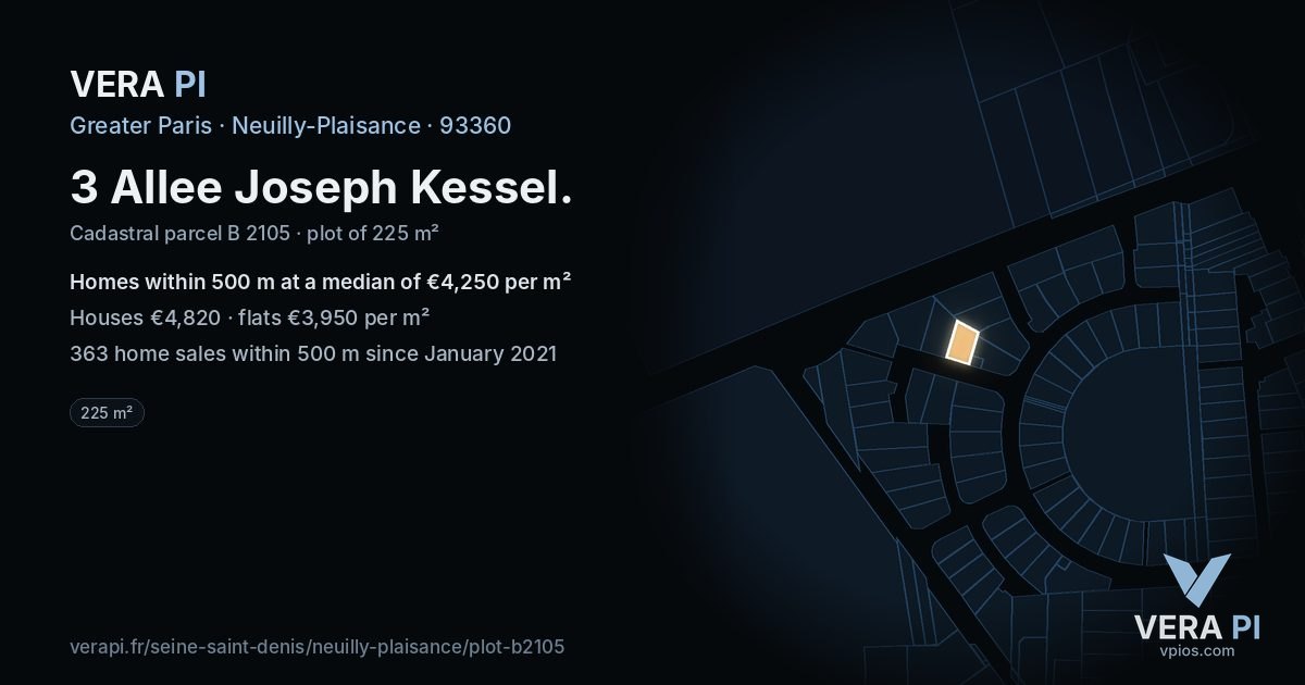 3 Allee Joseph Kessel, Neuilly-Plaisance at night – the plot lit, the parcels around coloured by the prices near them