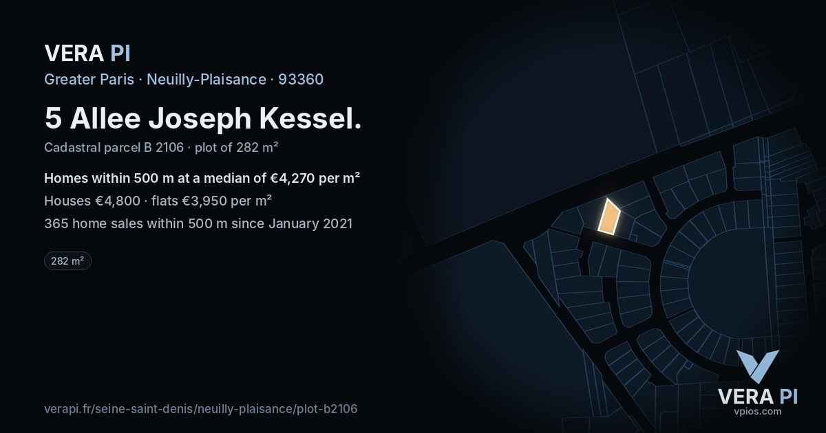 5 Allee Joseph Kessel, Neuilly-Plaisance at night – the plot lit, the parcels around coloured by the prices near them