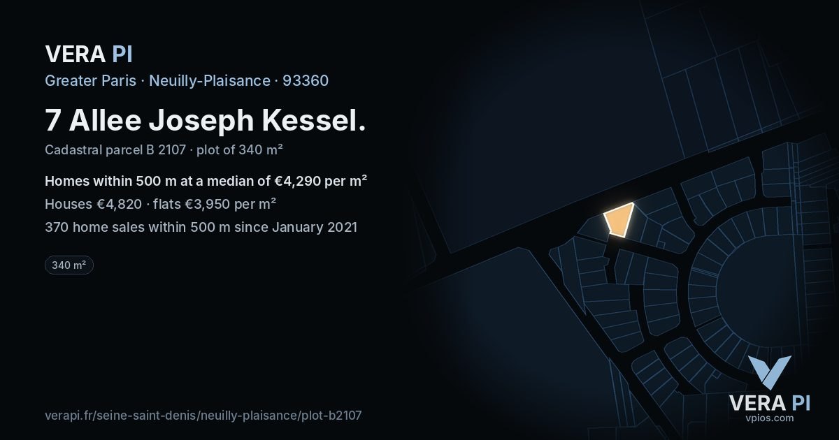 7 Allee Joseph Kessel, Neuilly-Plaisance at night – the plot lit, the parcels around coloured by the prices near them