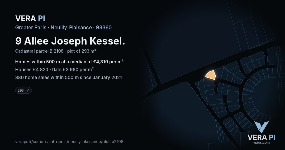9 Allee Joseph Kessel, Neuilly-Plaisance at night – the plot lit, the parcels around coloured by the prices near them