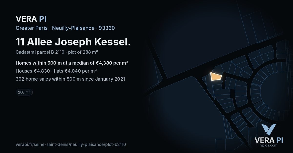 11 Allee Joseph Kessel, Neuilly-Plaisance at night – the plot lit, the parcels around coloured by the prices near them