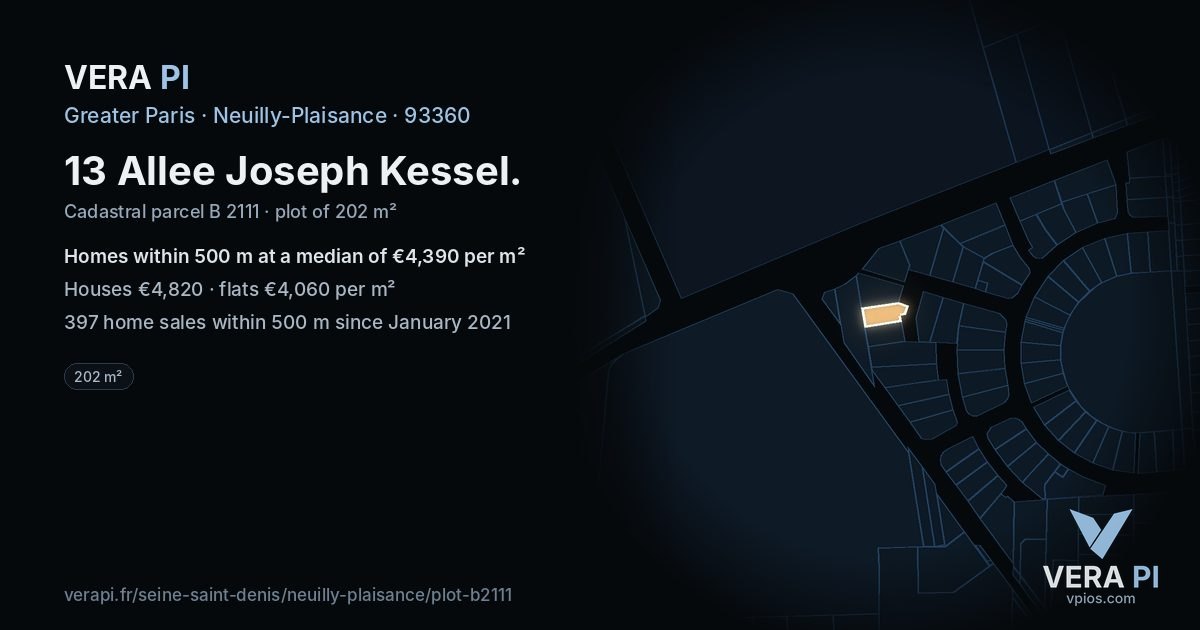 13 Allee Joseph Kessel, Neuilly-Plaisance at night – the plot lit, the parcels around coloured by the prices near them