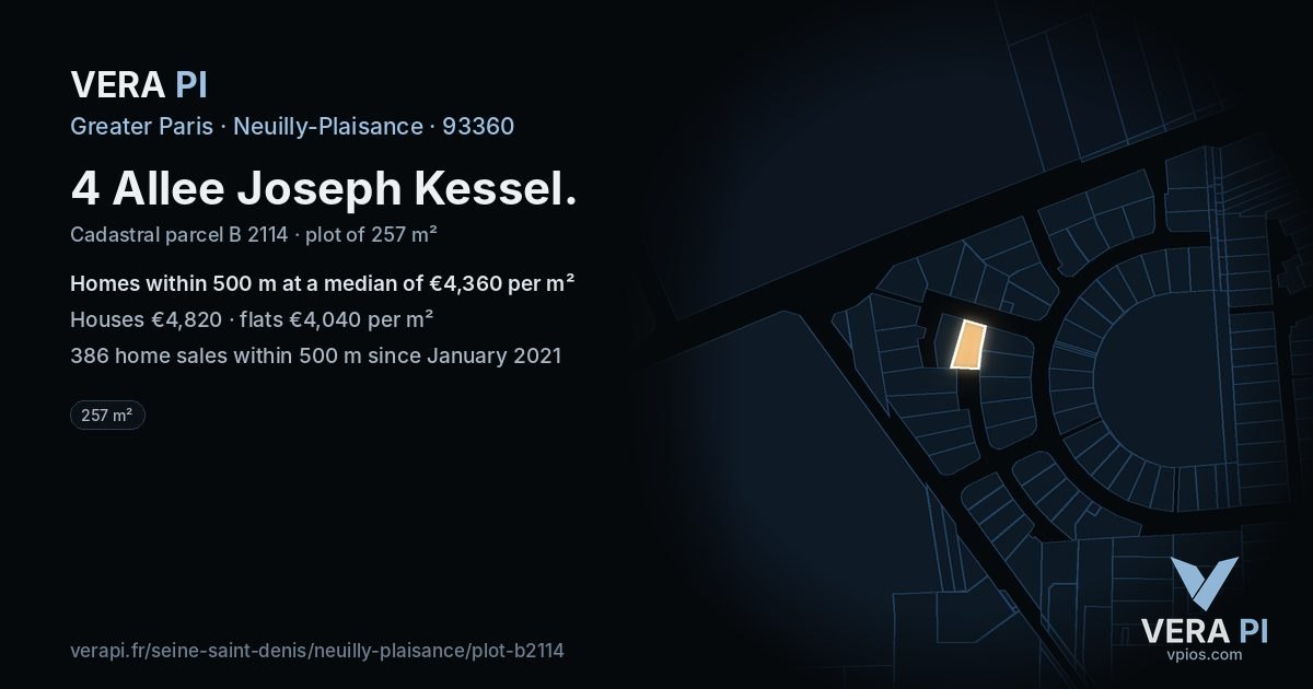 4 Allee Joseph Kessel, Neuilly-Plaisance at night – the plot lit, the parcels around coloured by the prices near them