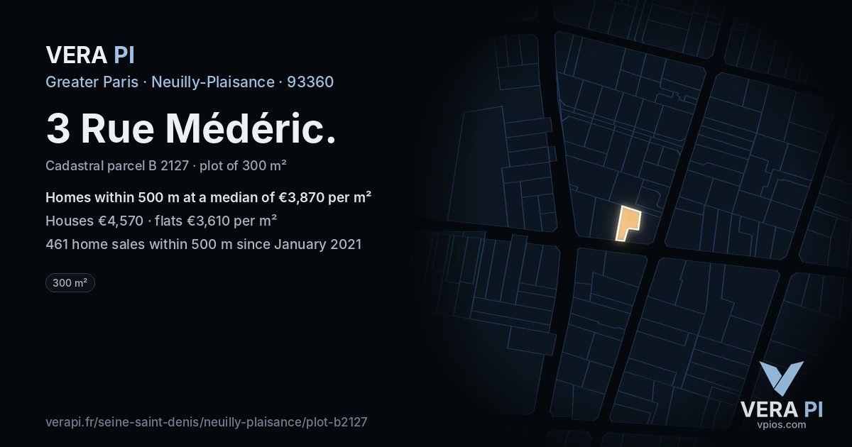 3 Rue Médéric, Neuilly-Plaisance at night – the plot lit, the parcels around coloured by the prices near them