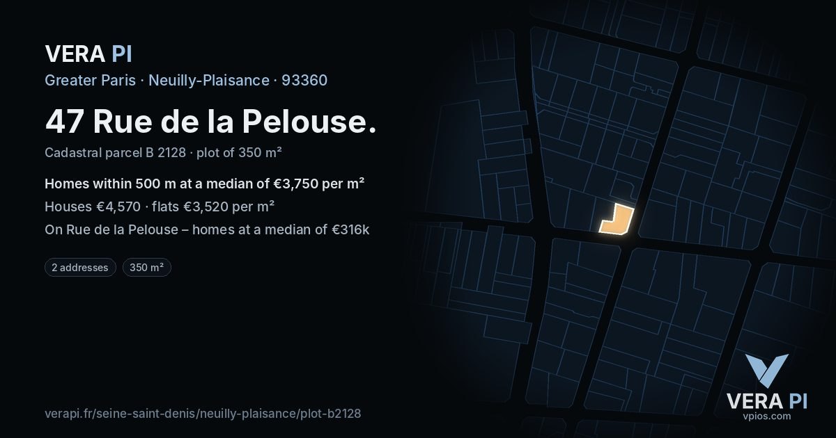 47 Rue de la Pelouse, Neuilly-Plaisance at night – the plot lit, the parcels around coloured by the prices near them