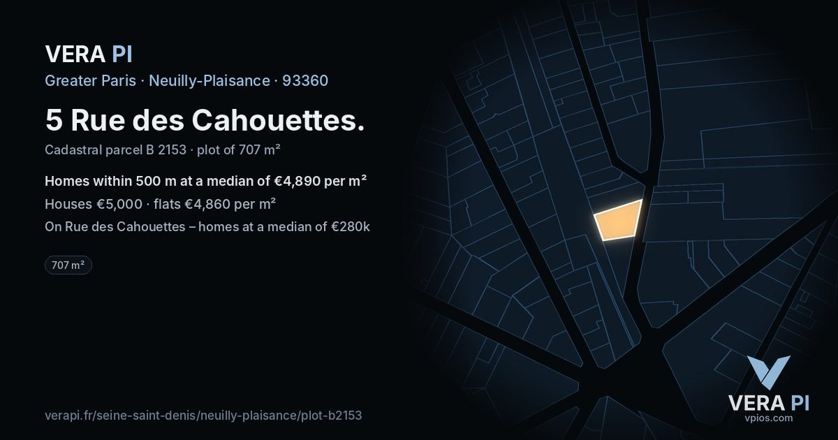 5 Rue des Cahouettes, Neuilly-Plaisance at night – the plot lit, the parcels around coloured by the prices near them