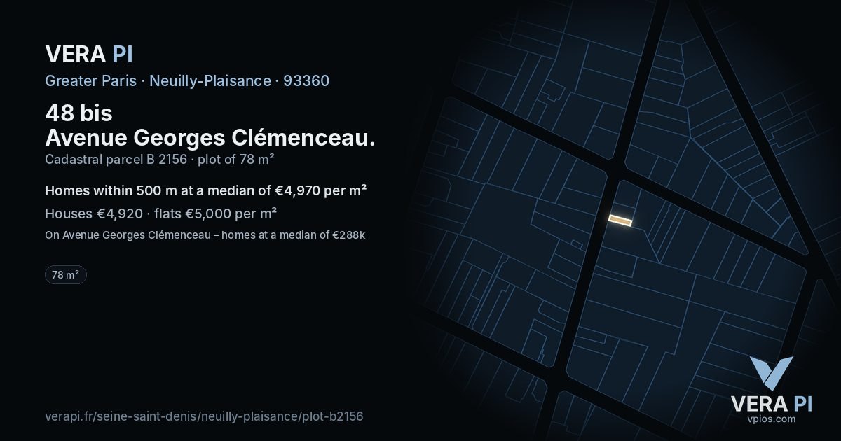 48 bis Avenue Georges Clémenceau, Neuilly-Plaisance at night – the plot lit, the parcels around coloured by the prices near them