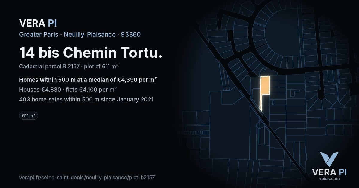 14 bis Chemin Tortu, Neuilly-Plaisance at night – the plot lit, the parcels around coloured by the prices near them