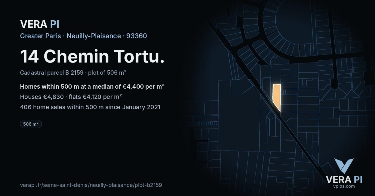 14 Chemin Tortu, Neuilly-Plaisance at night – the plot lit, the parcels around coloured by the prices near them