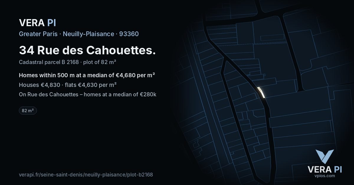 34 Rue des Cahouettes, Neuilly-Plaisance at night – the plot lit, the parcels around coloured by the prices near them