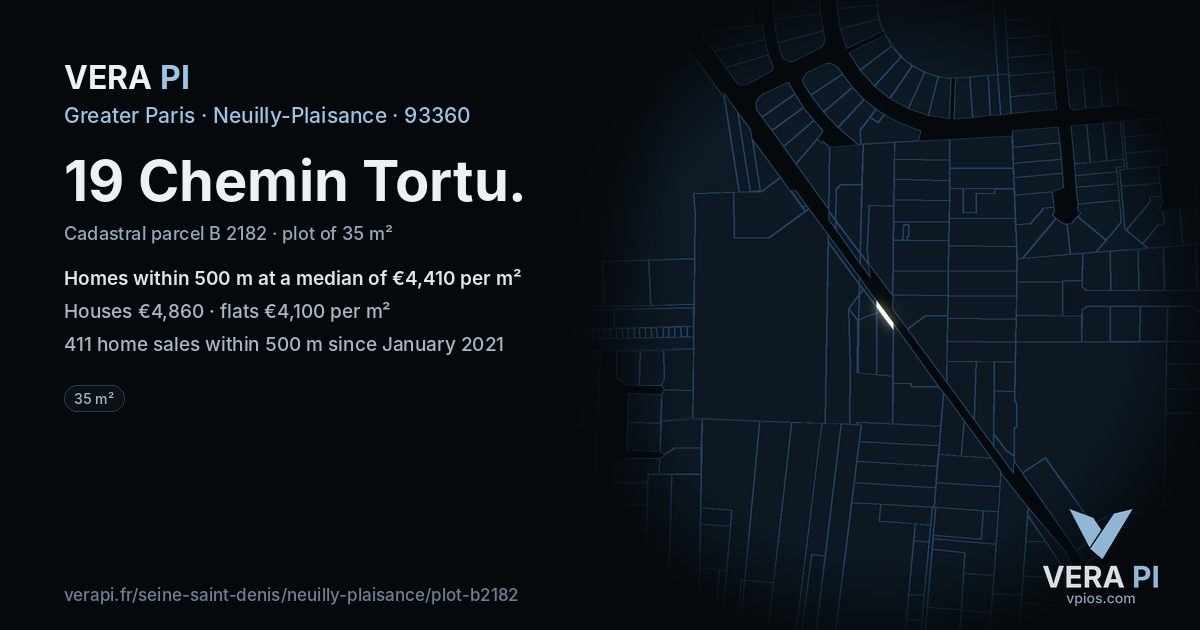 19 Chemin Tortu, Neuilly-Plaisance at night – the plot lit, the parcels around coloured by the prices near them