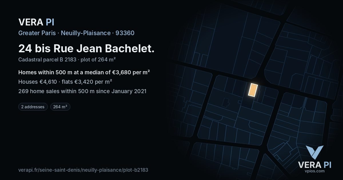 24 bis Rue Jean Bachelet, Neuilly-Plaisance at night – the plot lit, the parcels around coloured by the prices near them