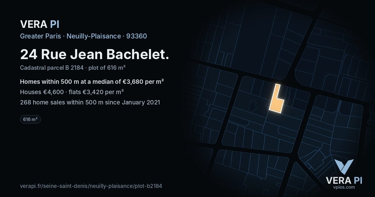 24 Rue Jean Bachelet, Neuilly-Plaisance at night – the plot lit, the parcels around coloured by the prices near them