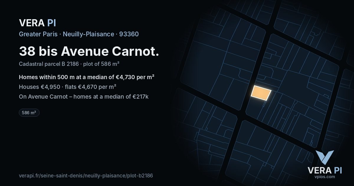 38 bis Avenue Carnot, Neuilly-Plaisance at night – the plot lit, the parcels around coloured by the prices near them