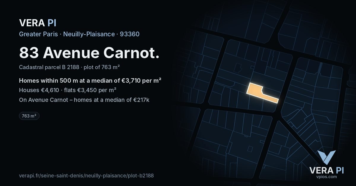 83 Avenue Carnot, Neuilly-Plaisance at night – the plot lit, the parcels around coloured by the prices near them