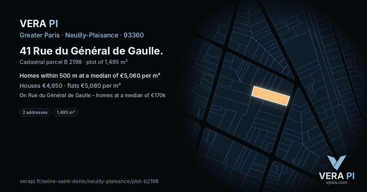 41 Rue du Général de Gaulle, Neuilly-Plaisance at night – the plot lit, the parcels around coloured by the prices near them