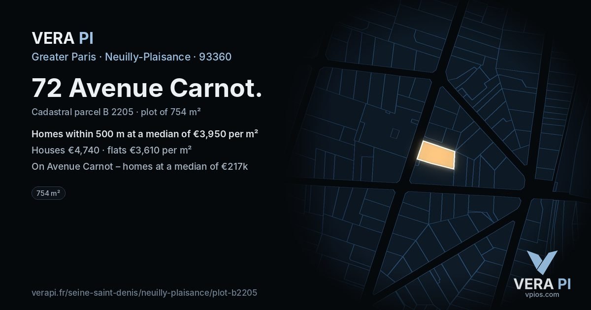 72 Avenue Carnot, Neuilly-Plaisance at night – the plot lit, the parcels around coloured by the prices near them