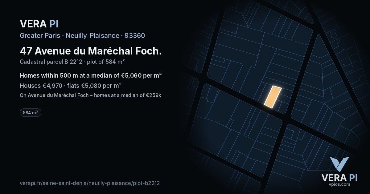 47 Avenue du Maréchal Foch, Neuilly-Plaisance at night – the plot lit, the parcels around coloured by the prices near them