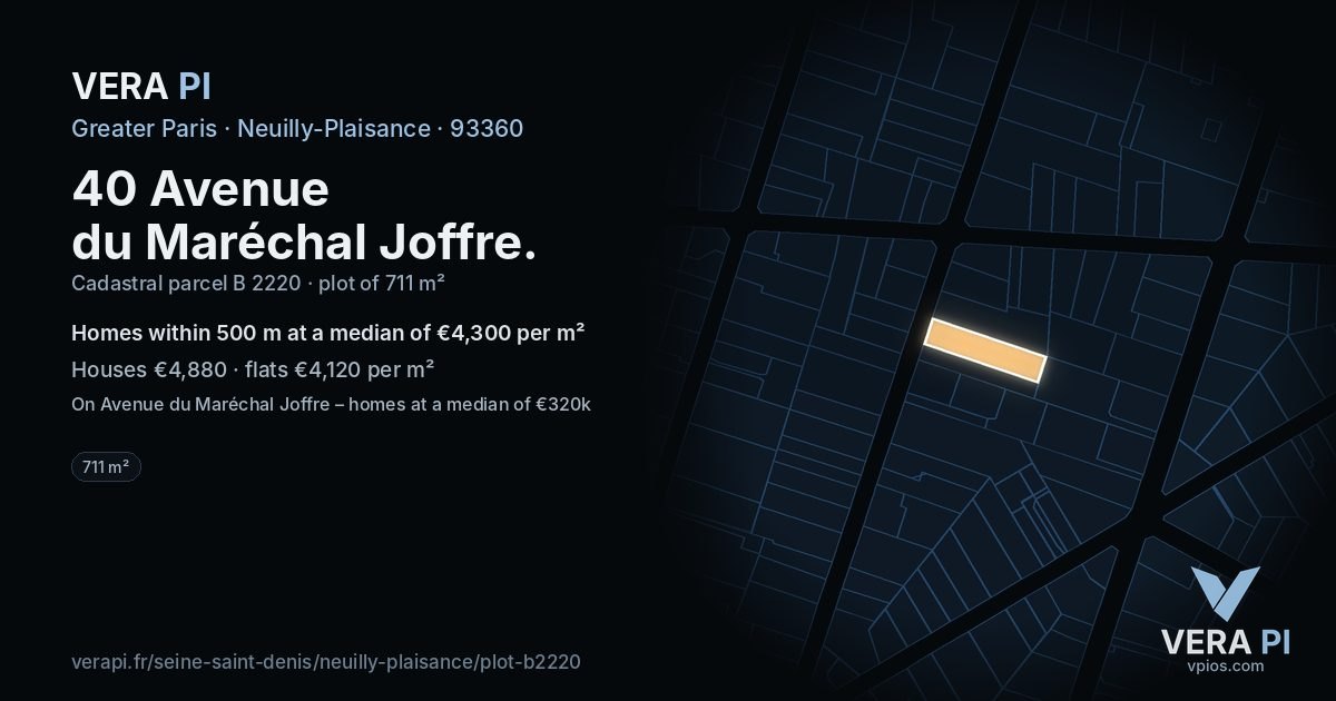 40 Avenue du Maréchal Joffre, Neuilly-Plaisance at night – the plot lit, the parcels around coloured by the prices near them