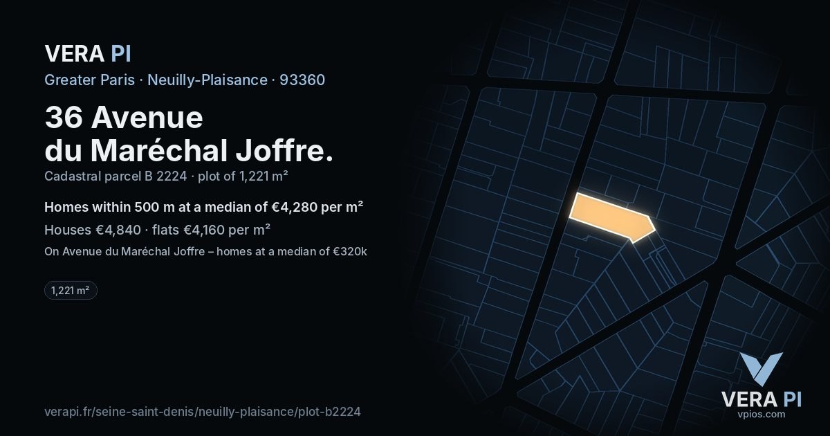 36 Avenue du Maréchal Joffre, Neuilly-Plaisance at night – the plot lit, the parcels around coloured by the prices near them