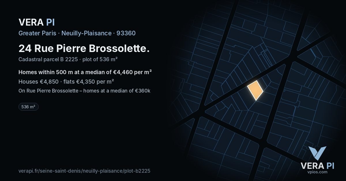 24 Rue Pierre Brossolette, Neuilly-Plaisance at night – the plot lit, the parcels around coloured by the prices near them