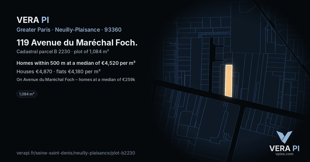 119 Avenue du Maréchal Foch, Neuilly-Plaisance at night – the plot lit, the parcels around coloured by the prices near them