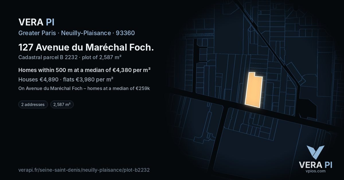 127 Avenue du Maréchal Foch, Neuilly-Plaisance at night – the plot lit, the parcels around coloured by the prices near them