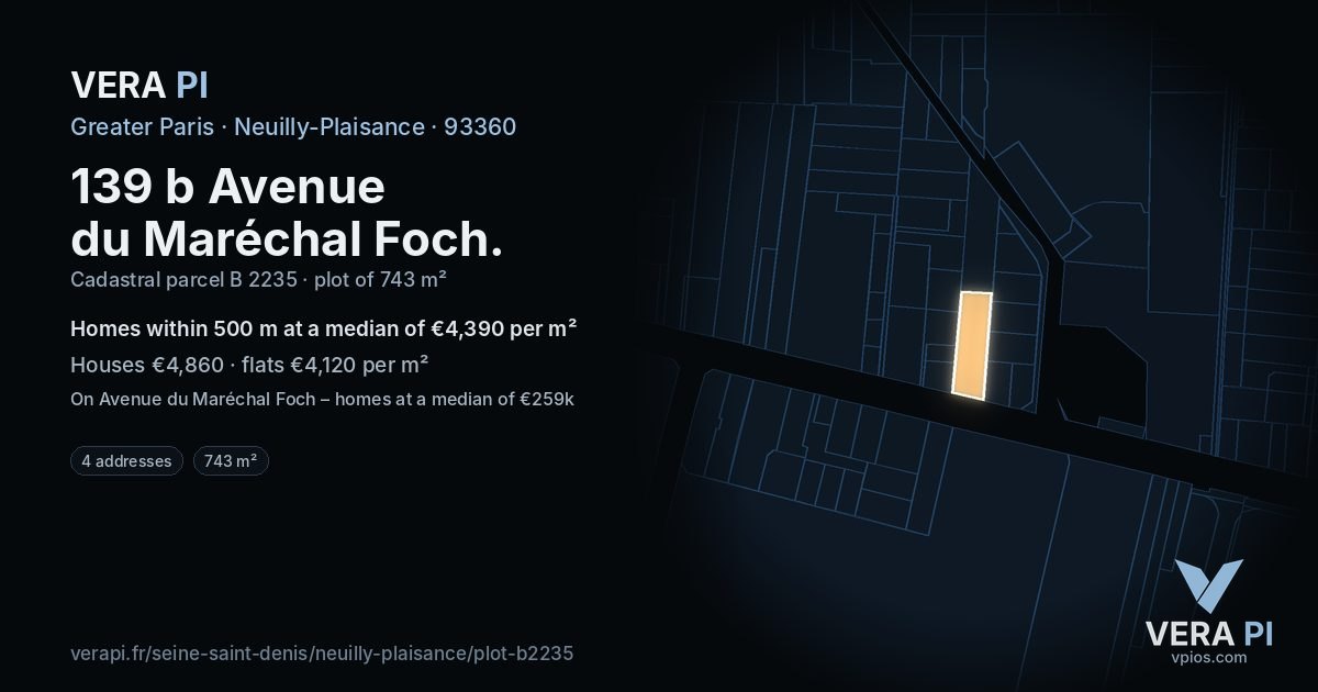 139 b Avenue du Maréchal Foch, Neuilly-Plaisance at night – the plot lit, the parcels around coloured by the prices near them
