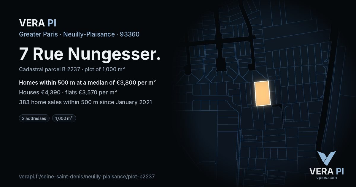 7 Rue Nungesser, Neuilly-Plaisance at night – the plot lit, the parcels around coloured by the prices near them