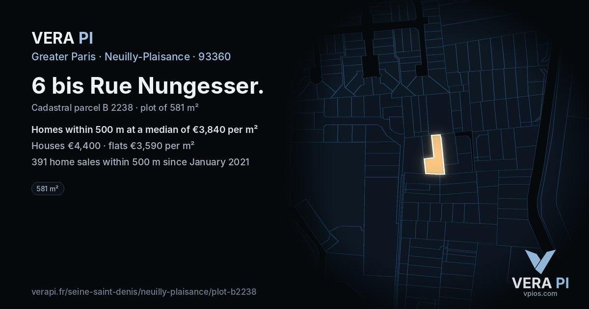 6 bis Rue Nungesser, Neuilly-Plaisance at night – the plot lit, the parcels around coloured by the prices near them