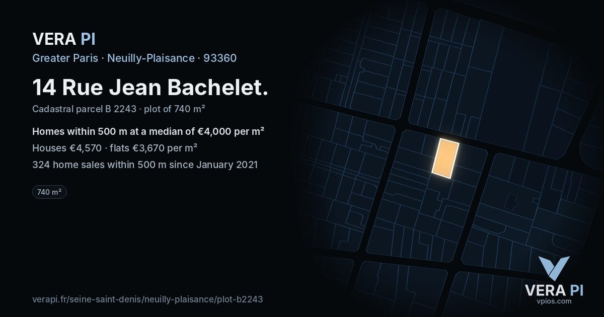 14 Rue Jean Bachelet, Neuilly-Plaisance at night – the plot lit, the parcels around coloured by the prices near them