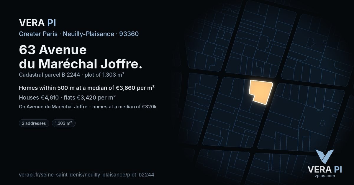 63 Avenue du Maréchal Joffre, Neuilly-Plaisance at night – the plot lit, the parcels around coloured by the prices near them