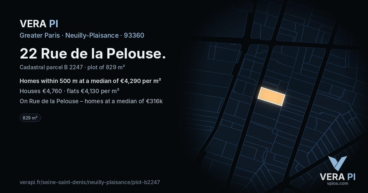22 Rue de la Pelouse, Neuilly-Plaisance at night – the plot lit, the parcels around coloured by the prices near them