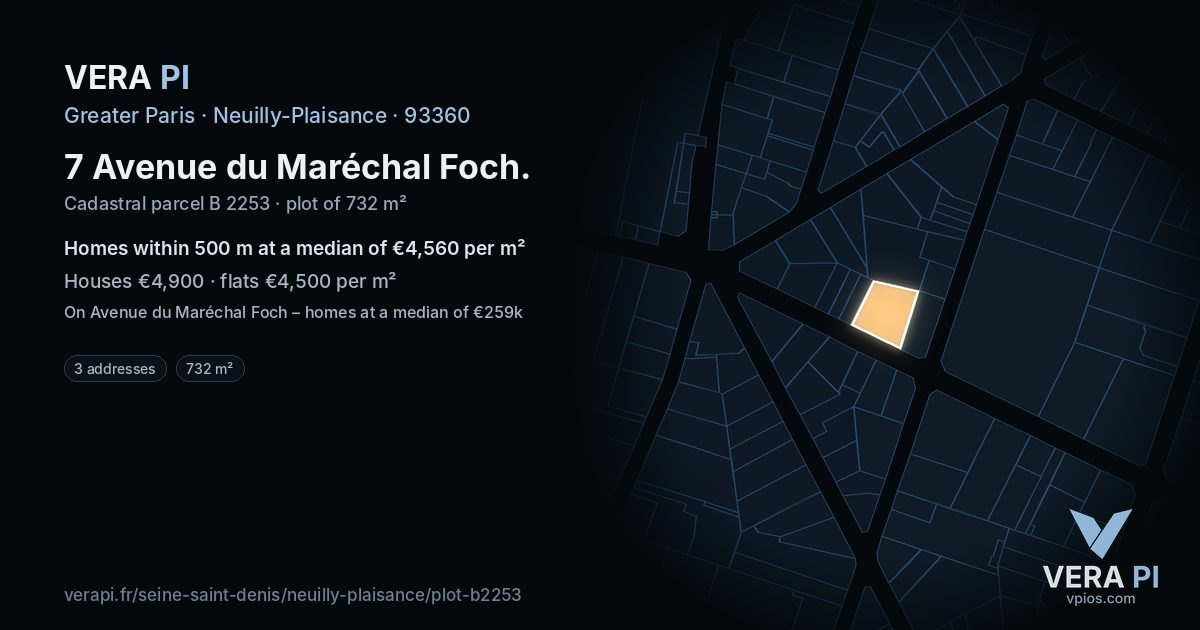 7 Avenue du Maréchal Foch, Neuilly-Plaisance at night – the plot lit, the parcels around coloured by the prices near them