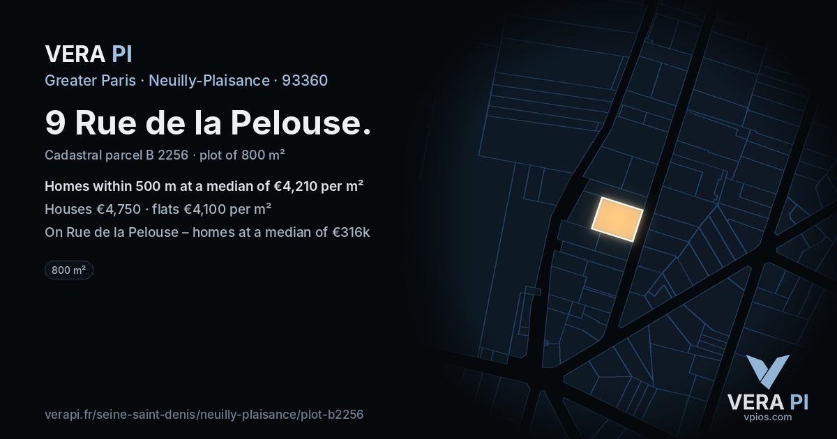 9 Rue de la Pelouse, Neuilly-Plaisance at night – the plot lit, the parcels around coloured by the prices near them