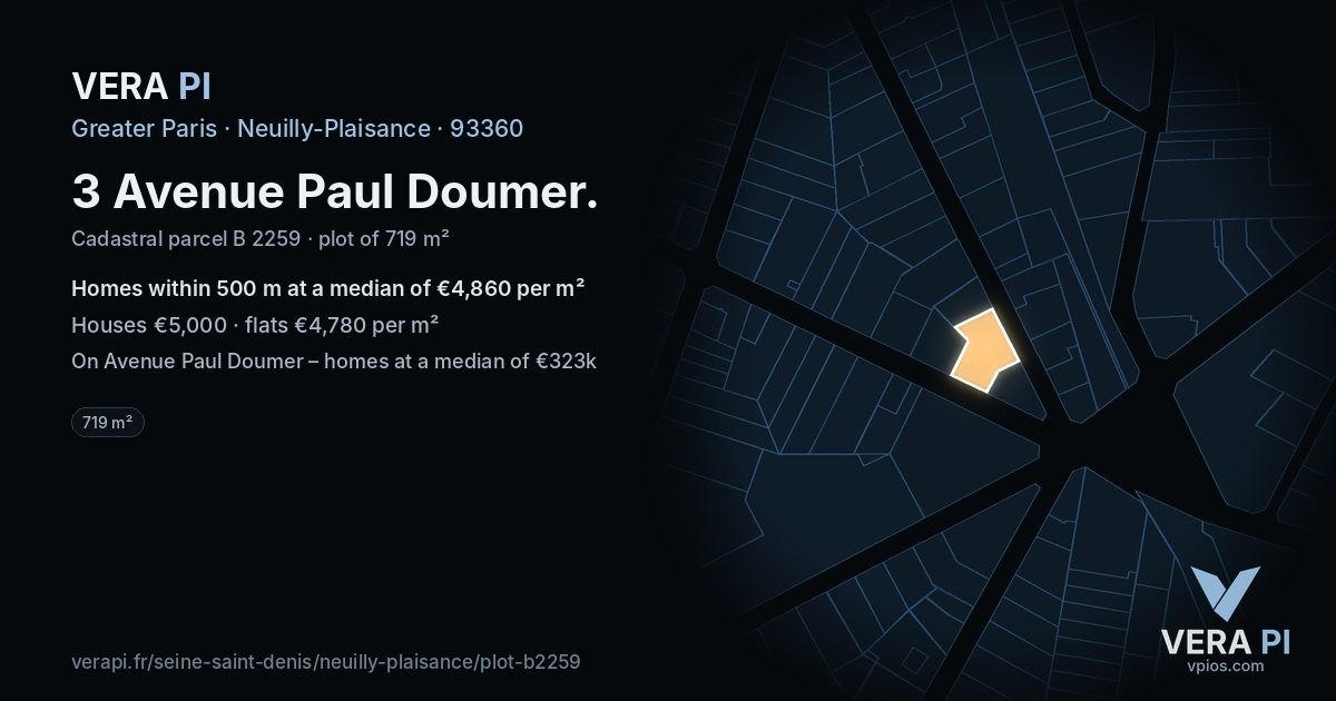 3 Avenue Paul Doumer, Neuilly-Plaisance at night – the plot lit, the parcels around coloured by the prices near them