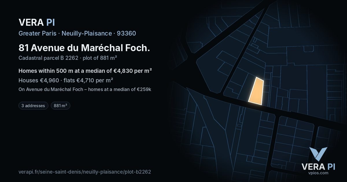 81 Avenue du Maréchal Foch, Neuilly-Plaisance at night – the plot lit, the parcels around coloured by the prices near them