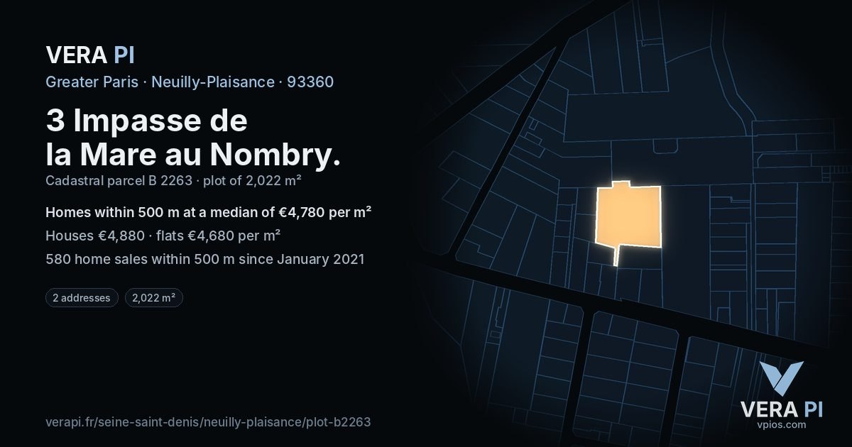 3 Impasse de la Mare au Nombry, Neuilly-Plaisance at night – the plot lit, the parcels around coloured by the prices near them